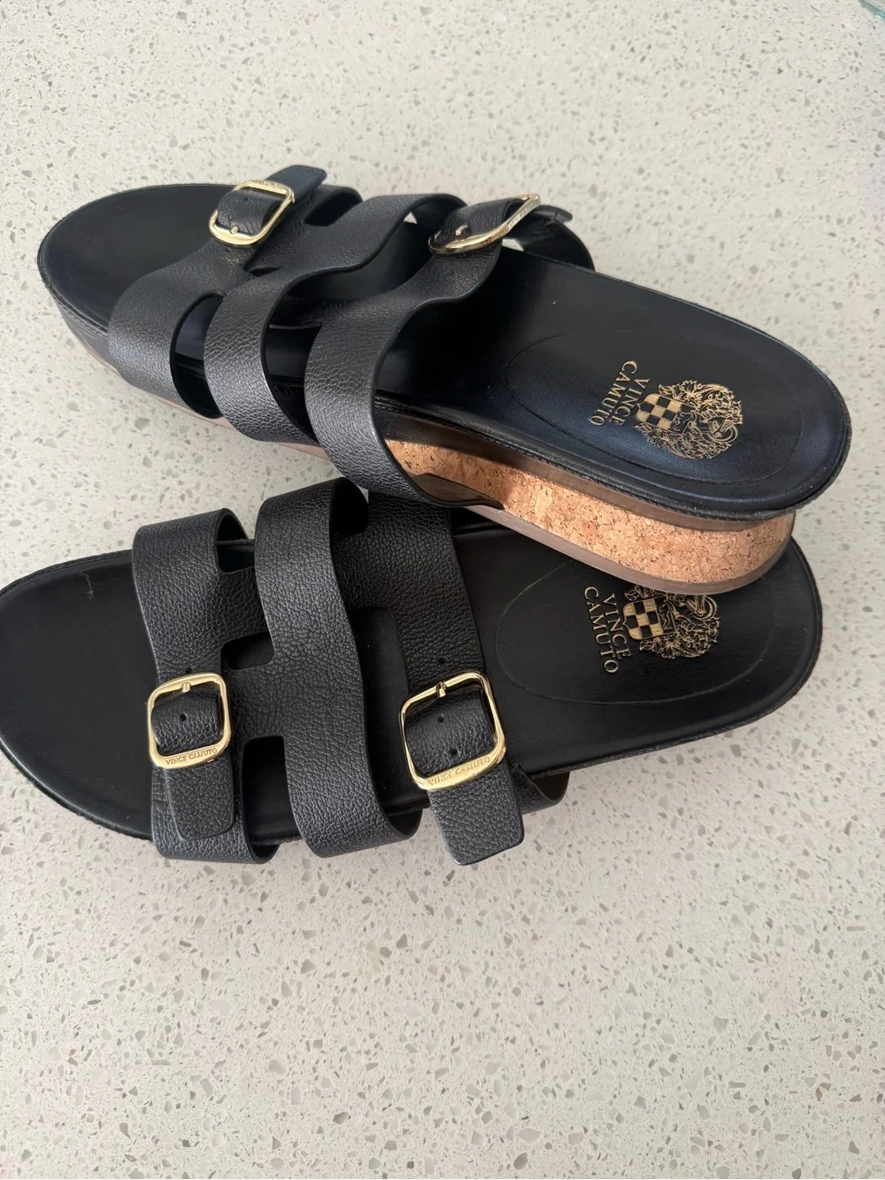 Vince Camuto Black Slide Sandals with Gold Buckle Detail